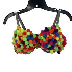 Maidenform Push Up Bra Upcycled‎ Colorful Pom Poms Size 34D Halloween Costume